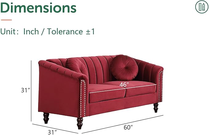 Chesterfield Loveseat Couch 60 Inch Luxurious Velvet Modern Love Seat Chesterfield Settee Sofa Upholstered Rolled Arm with Rivets/2 Button Tufted Pillow 2 Seater Sofa for Living RoomRed