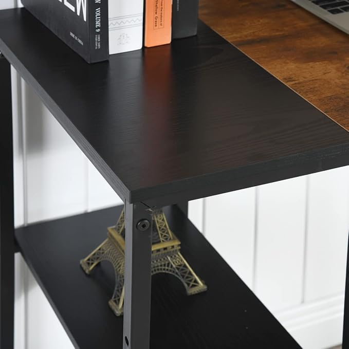 Black Brown Wood Top Contemporary Writing Table with 2 Storage Shelves for Home Office Study Computer Desk L39.3 x W18.9 x H29.1