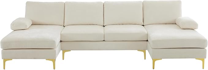 VINGLI 110 Large U-Shape Sectional Sofa Couch with 51 D Double Chaise for Living Room Modern Sectional Couch Set with Soft 5.9 Thickness Seating Padding Chenille FabricMetal Gold Legs(Beige)