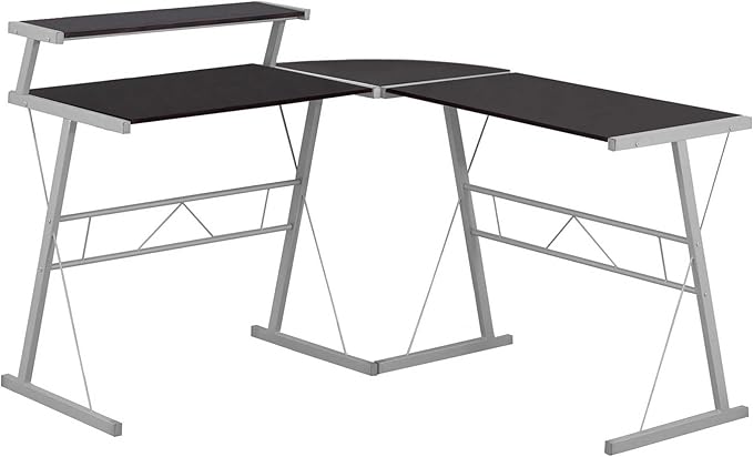 Penau L Shaped Computer Desk Corner Home Office Desk Modern Brown Laminate with Grey Metal Accents Space-Saving Design Easy Assembly