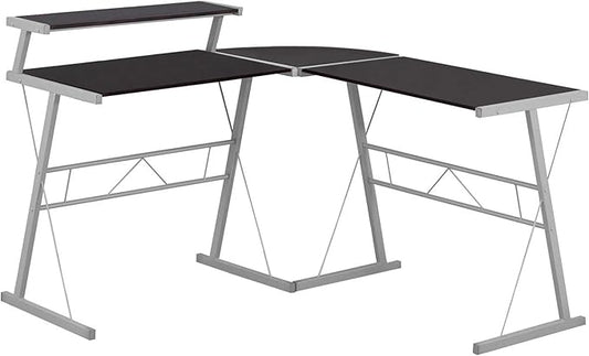 Penau L Shaped Computer Desk Corner Home Office Desk Modern Brown Laminate with Grey Metal Accents Space-Saving Design Easy Assembly