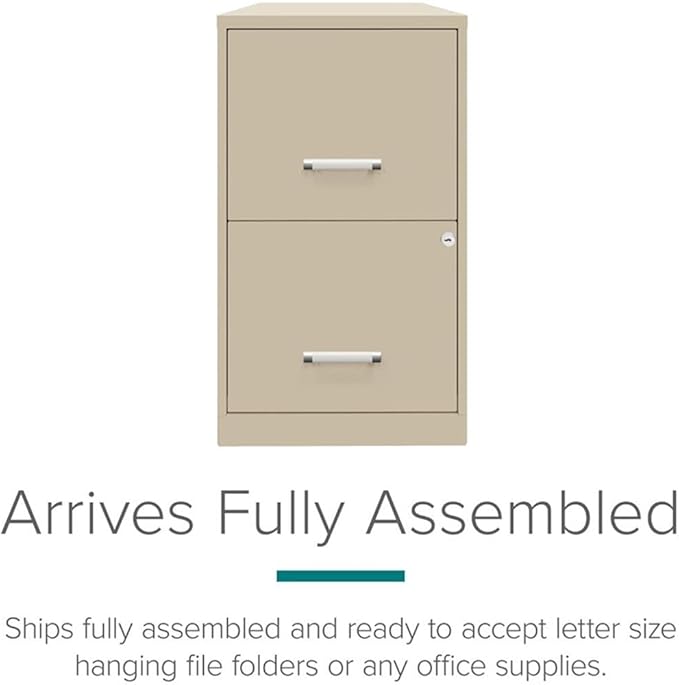 Pemberly Row 2-Drawer Metal Filing Cabinet 18 Deep Putty/Beige Finish Letter-Size Hanging Files High-Side Drawers Cam Lock Security Glide Suspension Home or Office Storage Solution