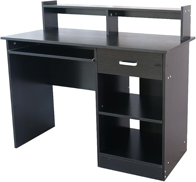 Black Computer Desk with Keyboard Tray Modern Chipboard Computer Desk Home Office Desk Students with 1 Drawer and 2 Shelves Workstation with Storage 43.3 L x 19.69 W x 37.4 H