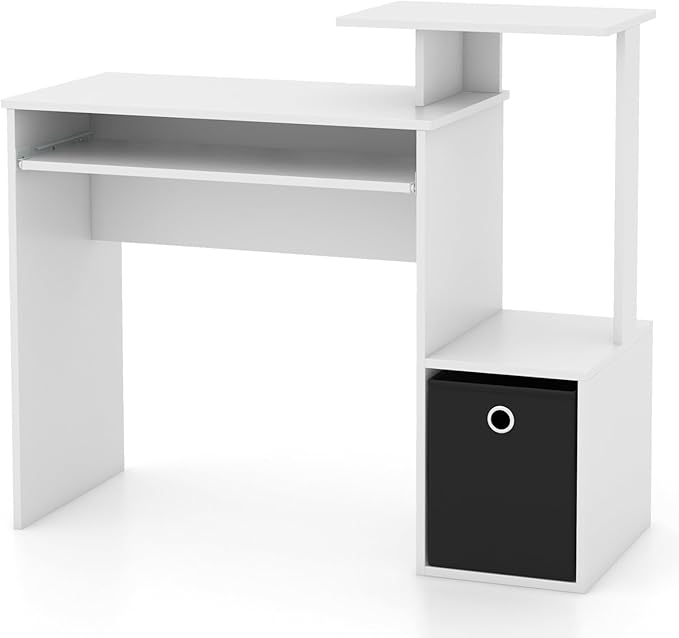 Computer Desk with Drawer 39.5’’ Writing Desk with Storage Shelf Keyboard Tray Study Table for Kids Rooms Wood Vanity Makeup Table Small Desk for Bedroom Living Room Home Office (White)