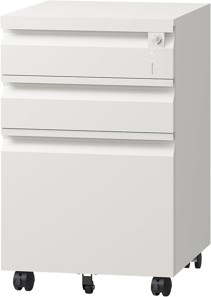 DEVAISE 3-Drawer File Cabinet with Lock &amp Wheels White Metal Filing Cabinet for Home Office Under Desk Storage Mobile Vertical Organizer Fits Letter/A4 (17 D x15 W x24 H)