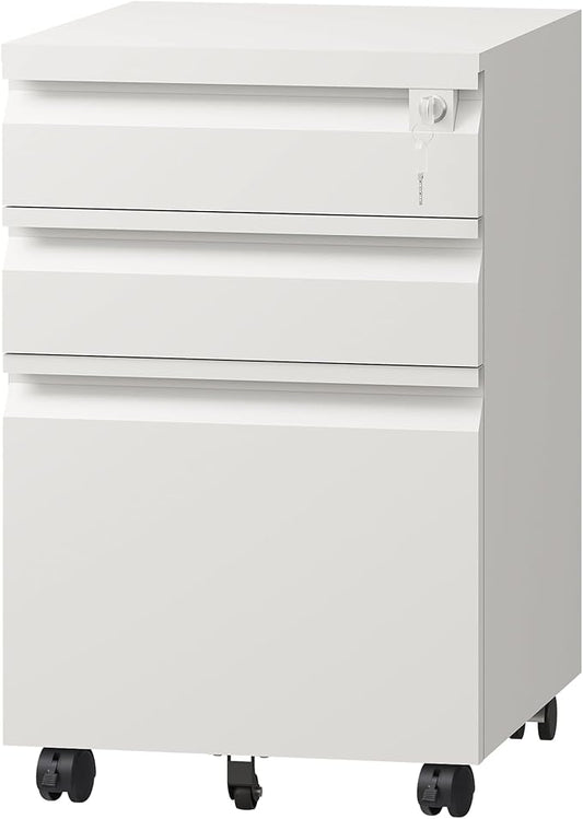 DEVAISE 3-Drawer File Cabinet with Lock &amp Wheels White Metal Filing Cabinet for Home Office Under Desk Storage Mobile Vertical Organizer Fits Letter/A4 (17 D x15 W x24 H)
