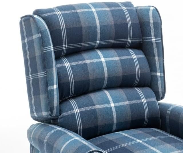 Upholstered Wingback Recliner Chair Plaid Recliner Chair Armchair Adjustable Footrest Push Back Reclining Sofa Mid-Century Modern Lounge Armchair for Living Room Bedroom Reading - Blue