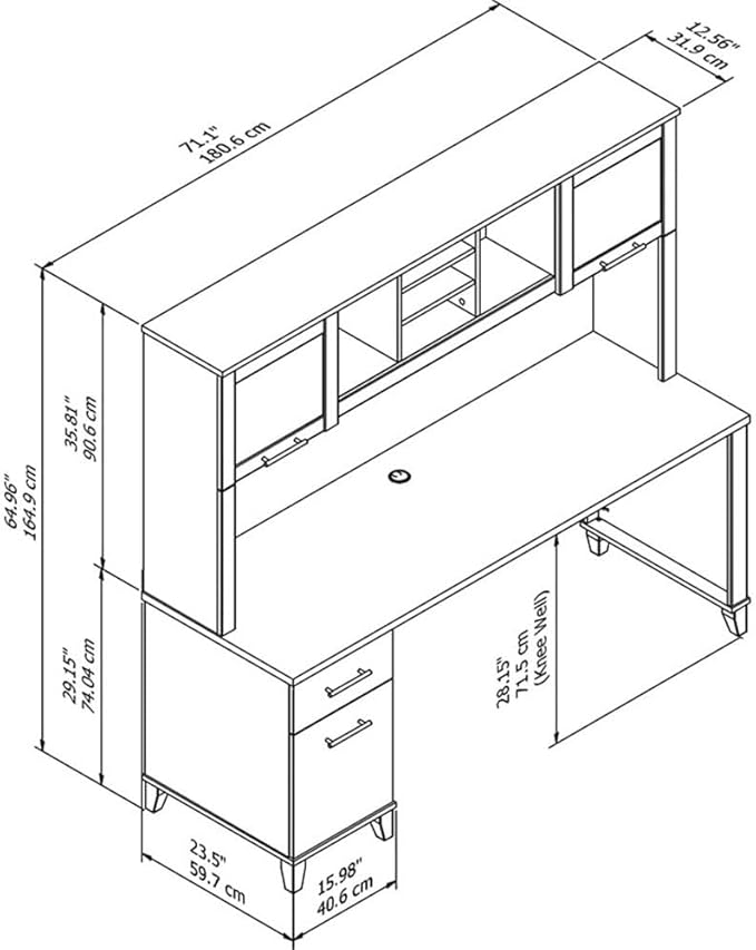 Pemberly Row Modern 72W Office Desk with Hutch Frosted Glass Doors Wire Management Adjustable Shelves Full-Extension File Drawer Spacious Desktop Home Office Storage Solution