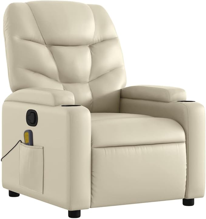 vidaXL Massage Recliner Chair - Cream Faux Leather Manual Reclining Vibration Massage Functions Cup Holders Solid Frame - Home Office Living Room