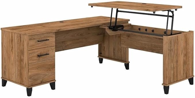 Pemberly Row 3 Position Sit to Stand L Shaped Desk 71W x 66D Engineered Wood Fresh Walnut Finish Lift-n-Lock System Wire Management File and Box Drawers Ergonomic Home Office Desk