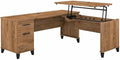 Pemberly Row 3 Position Sit to Stand L Shaped Desk 71W x 66D Engineered Wood Fresh Walnut Finish Lift-n-Lock System Wire Management File and Box Drawers Ergonomic Home Office Desk