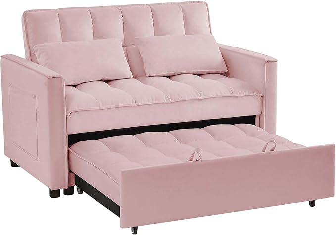 Sleeper Sofa Couch w/Pull Out Bed 53 Modern Velvet Convertible Sleeper Sofa Bed Small Love seat Sofa Bed with 2 Pillows &amp Side Pockets for Small Space Living Room Apartment Pink