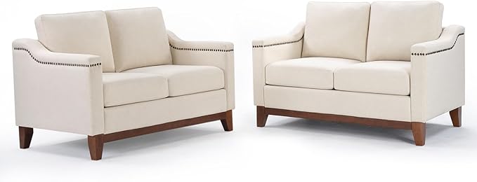 Vintage 2-Seater Upholstered Loveseat Sofa Set of 2 with Nailhead Trim High-Density Foam Cushion &amp Solid Wood Legs Soft Fabric Couch for Small Spaces Beige
