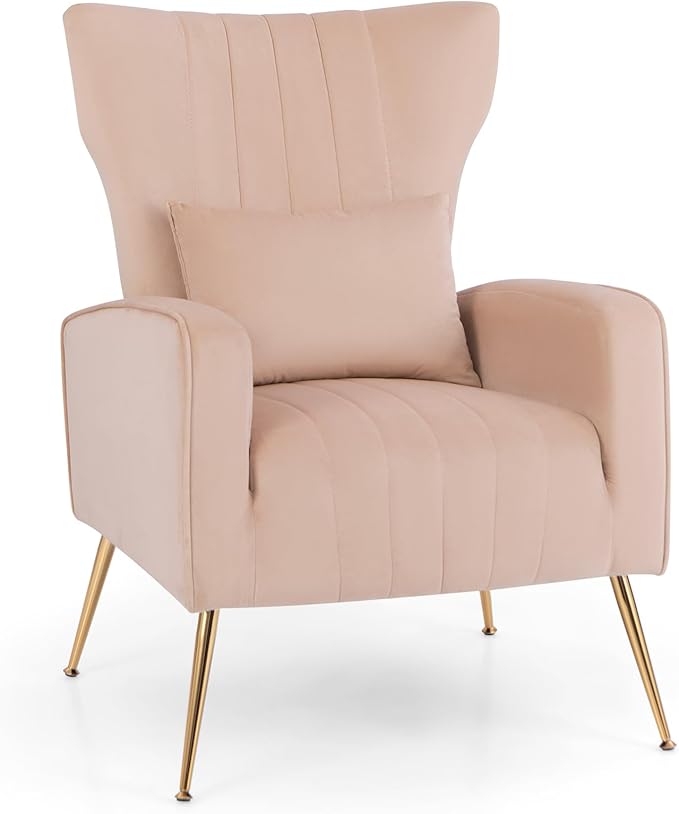 Giantex Velvet Accent Chair with Lumbar Pillow Upholstered Tufted Wingback Arm Chair w/Golden Metal Legs Mid Century Modern Single Sofa Chair for Living Room Bedroom Max Load 400 LBS Pink
