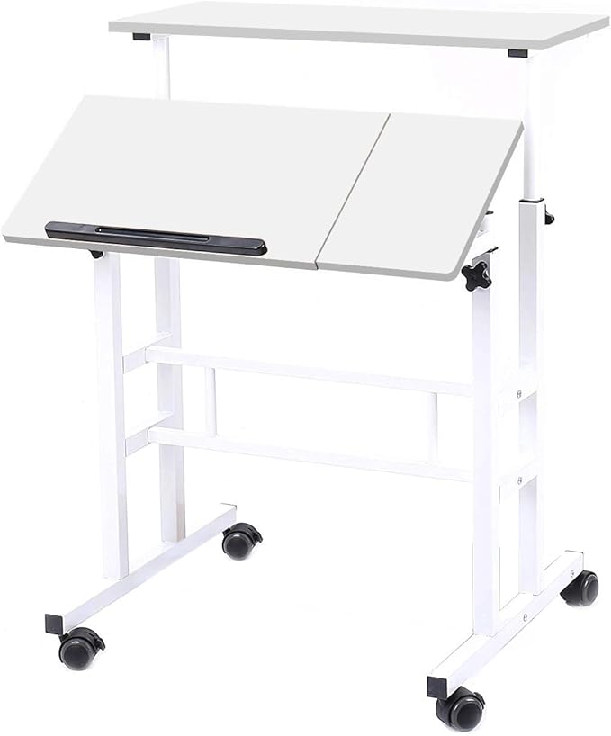 DlandHome Adjustable Rolling Sit-Stand Desk Mobile Computer Desk Stand Up Workstation White