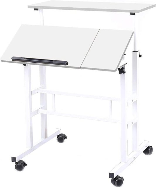 DlandHome Adjustable Rolling Sit-Stand Desk Mobile Computer Desk Stand Up Workstation White