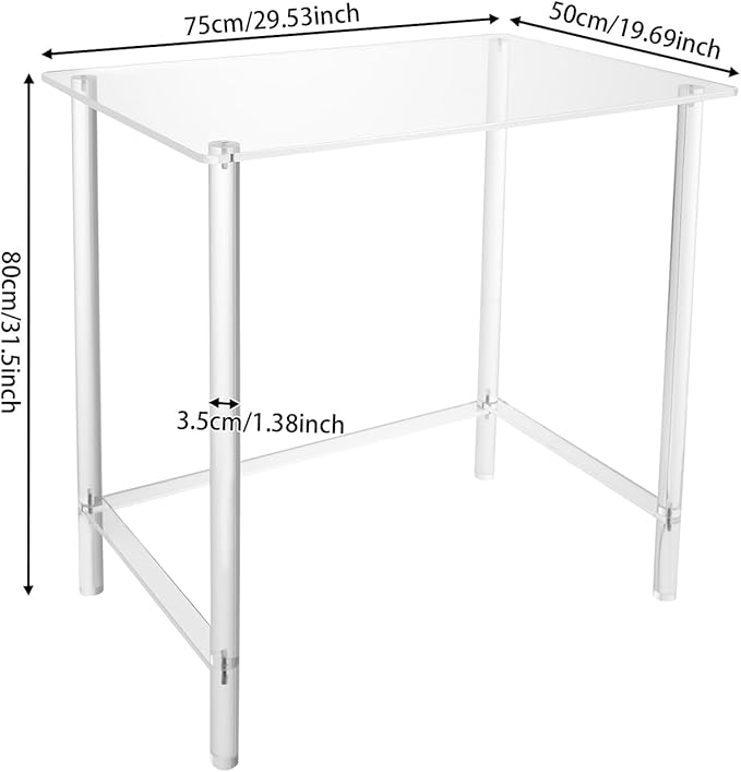 Acrylic Desk 29.5 L x 19.7 W x31.5 H Clear Desk for Laptop Study Writing Rectangular Shaped Computer Desk for Office Living Room Bedroom Easy Assembly