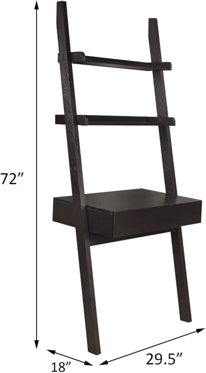 Cappuccino Wall Leaning Ladder Computer Desk with Drawer and 2 Shelves Space-Saving Modular Modern Design Home Office Desk for Bedroom Living Room or Apartment