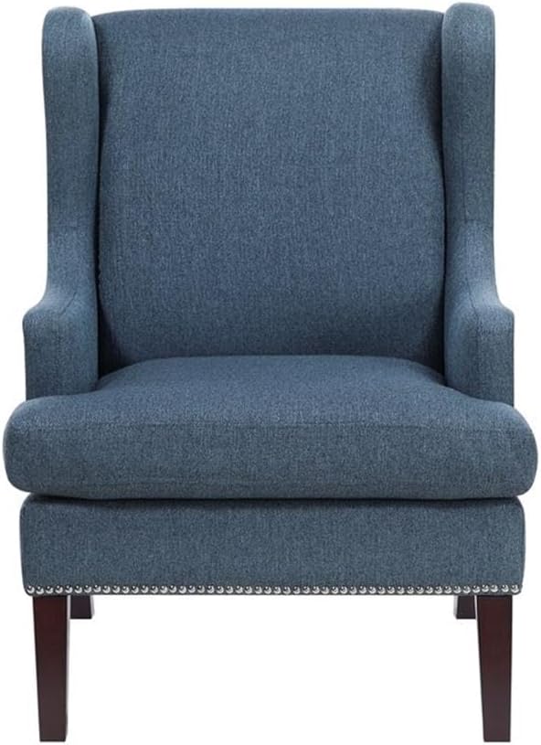 Pemberly Row Contemporary Wingback Accent Chair Blue Textured Fabric Upholstery Nailhead Trim High Backrest Cushioned Seat Sturdy Wooden Legs Stylish Living Room or Office Decor