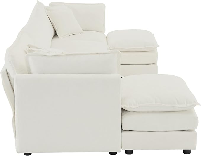 kevinplus 146.5'' Modular Sectional Sofa Couch with Ottoman for Living Room Modern Contemporary U-Shaped Sofa Couch for Apartment Office Chenille Fabric White (4-Seat Couch + 2 Ottoman)