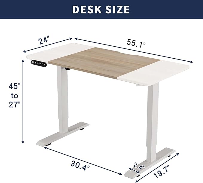 55 Electric Standing Desk Adjustable Height White Seated Stand up Computer Desks for Work Office Home Ergonomic Lift-up Gaming Tables with USB Charging Port (Oak+White-P)