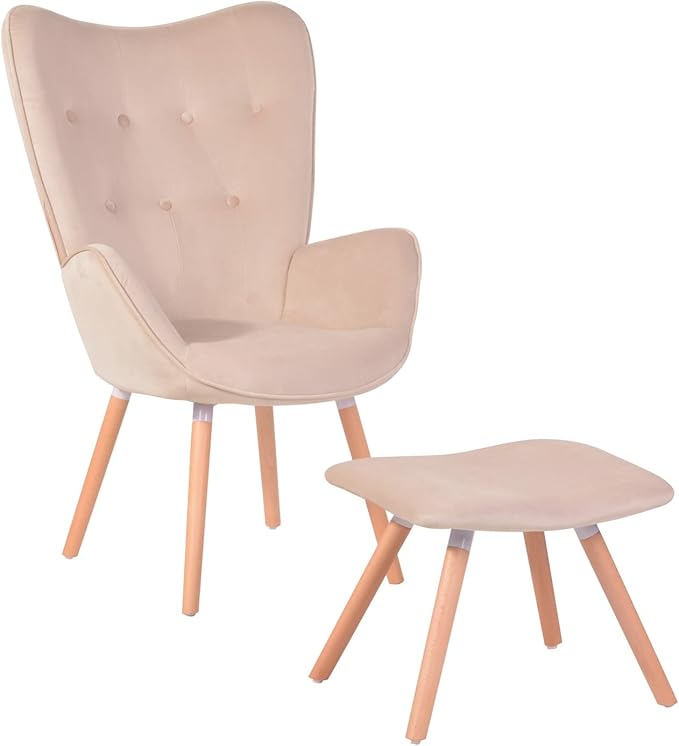 Velvet Accent Chair Ottoman Set for Living Room Wing Back Armchair Tufted Back Upholstery Living Room Chairs - Pink