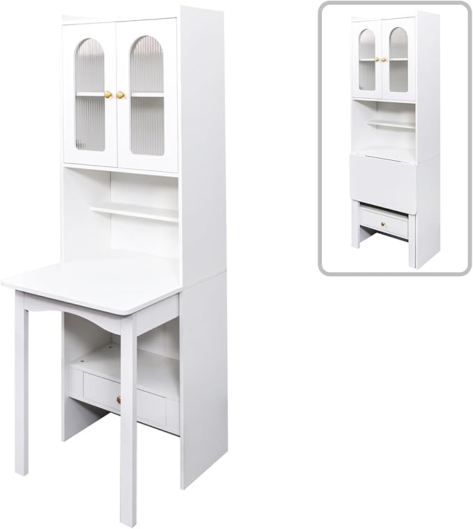 Hideaway Fold Out Home Office Desks Folding Desk with Storage Shelves &amp Drawers Convertible Murphy Desk Cabinet with Bookcase for Small Space Work Study Room (White)
