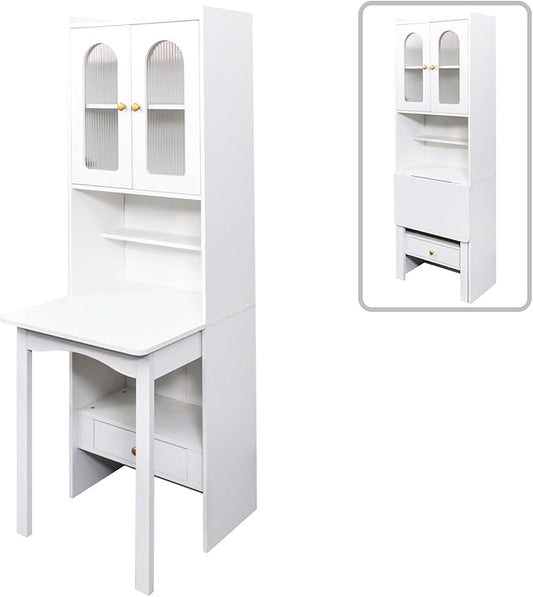 Hideaway Fold Out Home Office Desks Folding Desk with Storage Shelves &amp Drawers Convertible Murphy Desk Cabinet with Bookcase for Small Space Work Study Room (White)
