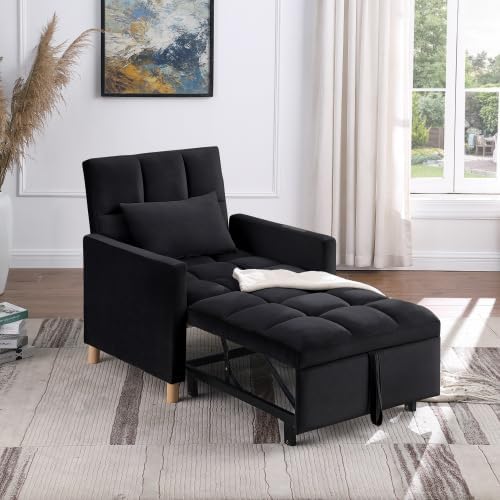 Sleeper Sofa Bed 3-in-1 Convertible Chair Bed Multi-Functional Sleeper Chair Soft Velvet Fabric for Living Room Apartment Office (Black-Velvet)