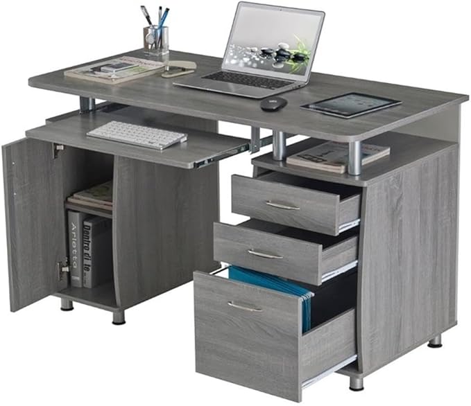 Pemberly Row 48 Wide Home Office Computer Desk in Gray with CPU Storage Cabinet and Hanging File Cabinet Grey