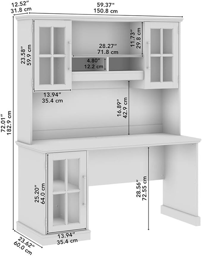 BOWERY HILL Modern 60W Computer Desk with Hutch White Ash Finish Storage Cabinet with Glass Doors Adjustable Shelves Matte Black Handles Home Office Desk Spacious Work Surface