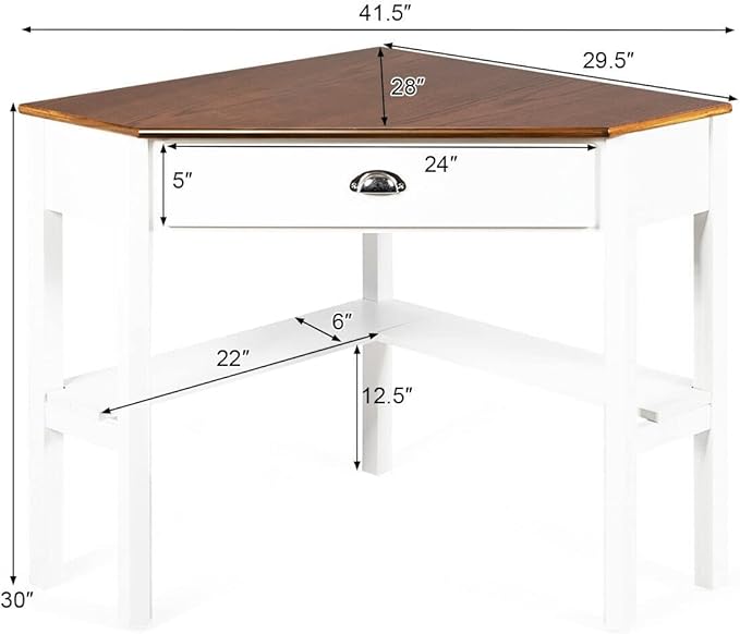 Corner Desk Compact Home Office Corner Desk Organizer90 Degrees Triangle Computer Table Laptop Writing Table for Small Spaces with Storage Shelf and Drawer (White)