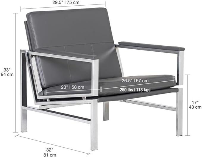 Pemberly Row Modern Bonded Leather Accent Arm Chair Smoke Gray and Chrome Finish 29.75 W x 32 D x 33 H Extra-Wide Seat Mid-Century Design Sleek Guest Seating for Living Room or Home Office