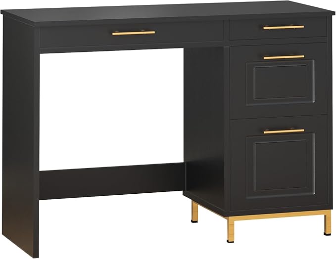 4 EVER WINNER Black Desk with Drawers 43 Inch Writing Desk with Storage File Cabinet and Golden Handle Home Office Desk for Bedroom Black