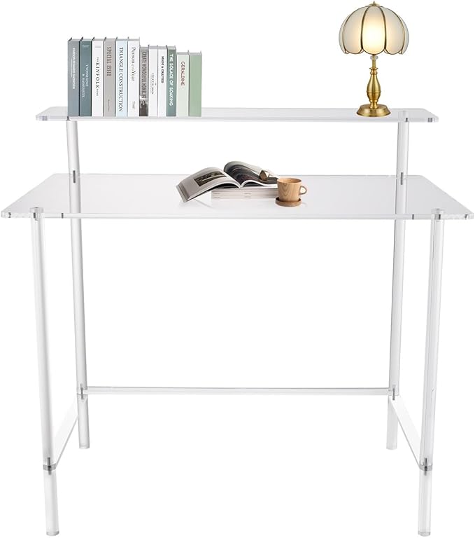 Acrylic Desk 88.18 Lbs Load-Bearing Capacity Home Office Desks Freestanding Writing Table Portable Computer Desks Modern Clear Desk for Studio Living Room Study Room Bedroom(2 Tiers)