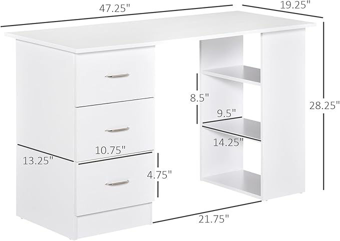 47 inches Modern Home Office Computer Desk Bookcase Combo Writing Table Workstation with 3 Drawer and Storage Shelf Modern Writing Desk Study Writing Table for Small Spaces White