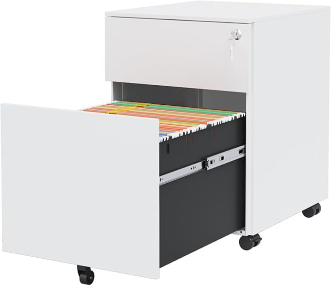 Mobile File Cabinet with Lock 2 Drawer Steel Filing Cabinet for Legal/Letter/A4/F4 Files Fully Assembled Except Wheels Cold-Rolled Metal Full Extension Drawers (White 1-2 Drawers)