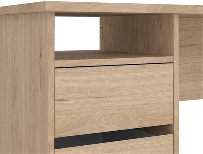 Pemberly Row Writing Desk 43.31 in. H x 19.09 in. D x 29.92 in. W Engineered Wood with Jackson Hickory Finish 3 Smooth Gliding Drawers Open Shelf Compact Home Office Desk for Small Spaces