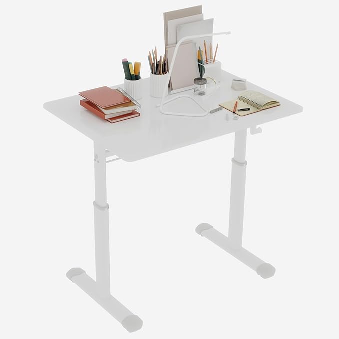 Adjustable Study Desk Hand-Crank Height Adjustable Sit-to-Stand Desk 60 x 80 cm Compact White Frame White Top Double-Column Stable Workstation for Home Office Study