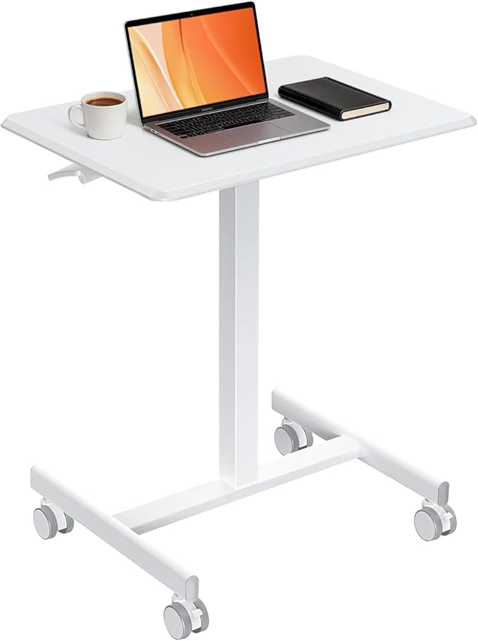 Mobile Standing Desk Adjustable Height Rolling Sit-Stand Laptop Desk with Lockable Casters Portable Compact Computer Table for Home Office Dorm White