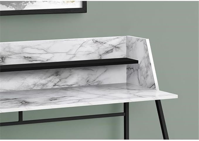 Pemberly Row 48 in Computer Desk White Marble Look Laminate Black Metal Base Hutch with Shelf Contemporary Home Office Laptop or Writing Table Compact Space-Saving Design
