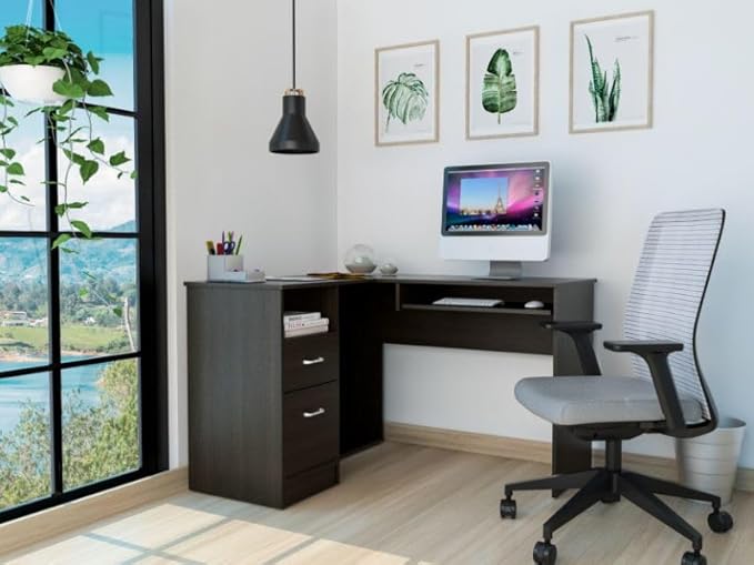 L-Shaped Desk with 2 Drawers Shelf &amp CPU Storage - Home Office Workstation