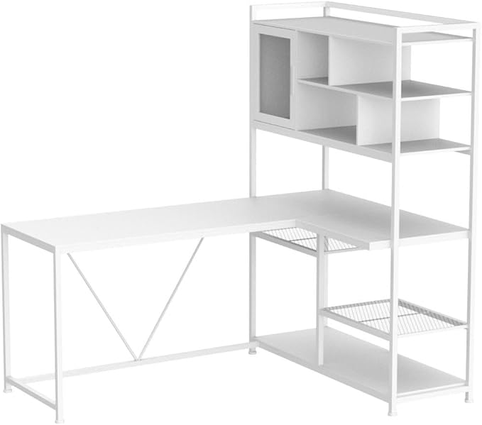 SEDETA L Shaped Computer Desk 58'' Office Desk with LED Light and Bookshelf L Shaped Corner Desk with Storage Shelves for Home Office Gaming Desk L Desk White