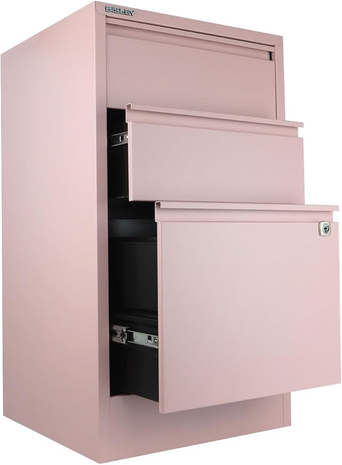 Bisley 3-Drawer Flush Front Vertical File Cabinet - Palest Pink 2 Utility Drawers + 1 Hanging File Drawer Powder-Coated Steel Locking Bottom Drawer