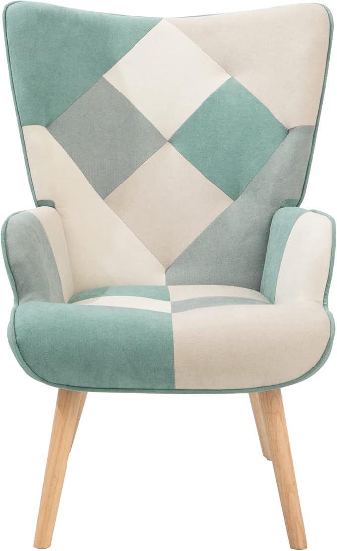 Living Room Chair and Footstool Set Comfortable Side Armchair in The Bedroom with a Creative Patchwork Fabric Surface. (Blue + Solid Wood)
