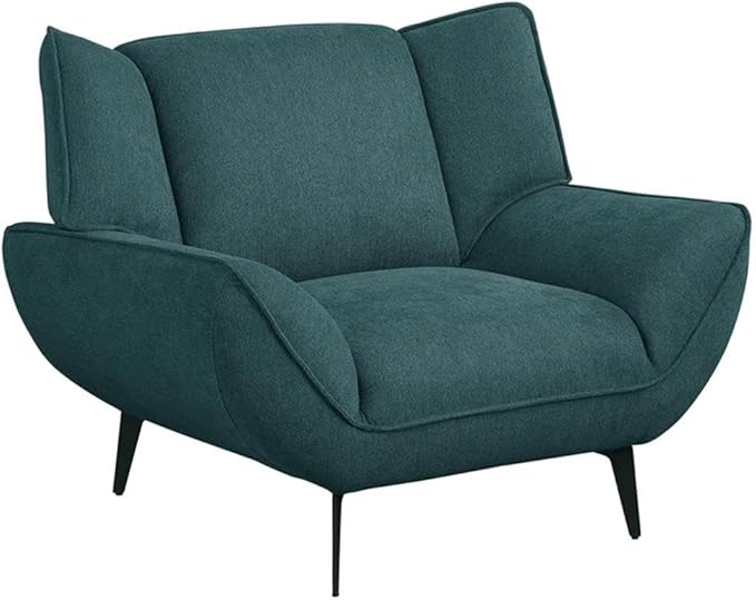 Pemberly Row Mid-Century Wing Back Accent Chair Teal Fabric Upholstery 32.25H x 43.25W x 34.5D Black Metal Legs Foam Cushions Stylish Modern Lounge Seating for Living Room or Compact Spaces