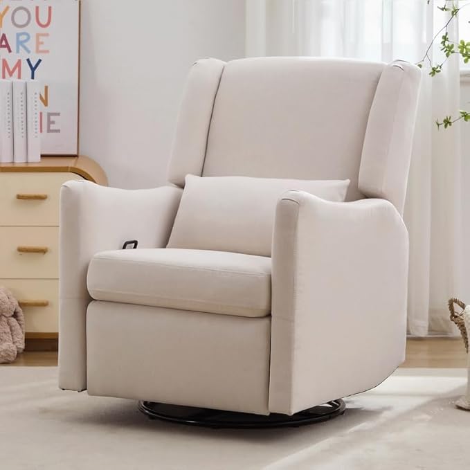 Polibi 29.5'' Wide Wingback Swivel Rocker Recliner Chair Rocking Chair with Head &amp Lumbar Support Modern Accent Chair for Living Room Beige + Linen