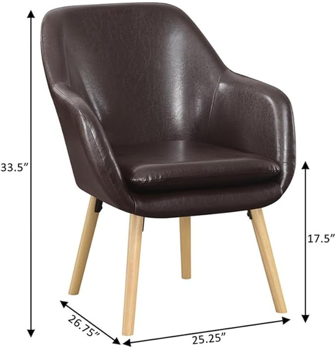 Pemberly Row Modern Accent Chair Espresso Faux Leather Finish Solid Red Oak Legs Detachable Foam Cushion 25.25 x 26.75 x 33.5 in Comfortable Living Room or Office Seating