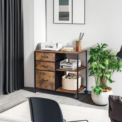 DEVAISE 3 Drawer Mobile File Cabinet Rolling Printer Stand with Open Storage Shelf Fabric Lateral Filing Cabinet fits A4 or Letter Size for Home Office Rustic Brown Wood Grain Print