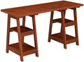 Pemberly Row Modern Double Trestle Desk Warm Cherry Wood Finish Spacious 54 in x 20 in Desktop with 4 Fixed Shelves Particle Board and MDF Home Office Desk for Studying or Working
